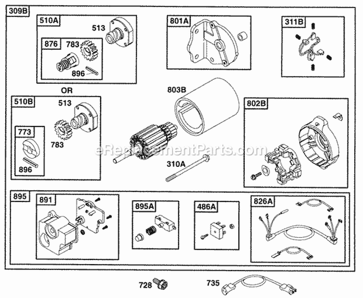Electric Starter  Switch Diagram and Parts List for 252416-0734-01  Briggs and Stratton Engine